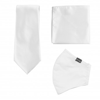 Set: Gesichtsmaske, Krawatte und Einstecktuch in weiß