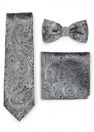 Set: Krawatte, Herren-Schleife, Ziertuch Paisley silber