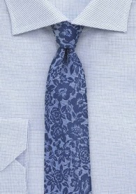 Krawatte schmal geformt blumig mattblau Leinen /